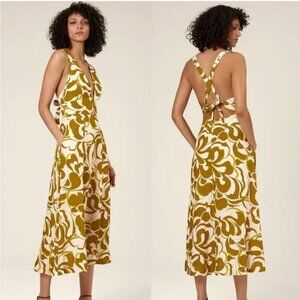 NICHOLAS | Linen Deep V Halter Midi Dress in green and yellow swirl